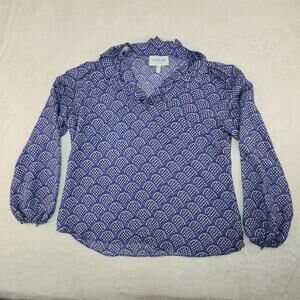 Elizabeth McKay Shirt 14 Large 100% Silk Made in USA Blue White Ruffle Gold